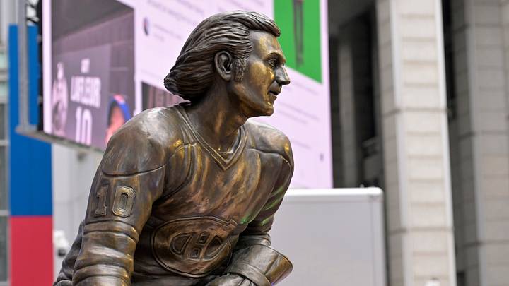 Apr 24, 2022; Montreal, Quebec, CAN; A detail view of the bronze statue of Guy Lafleur before the game between the Boston Bruins and the Montreal Canadiens at the Bell Centre. Mandatory Credit: Eric Bolte-USA TODAY Sports