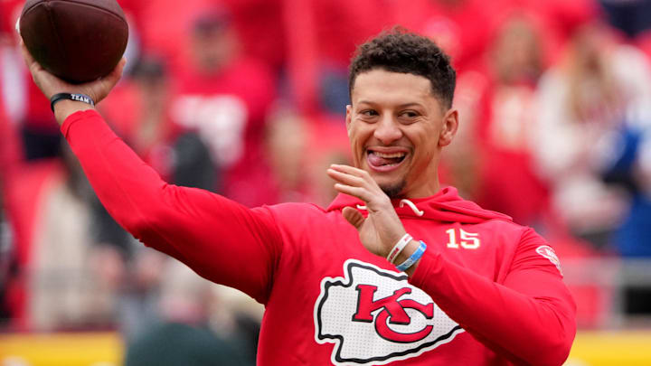 Kansas City Chiefs quarterback Patrick Mahomes (15) warms up before the game against the Indianapolis Colts at GEHA Field at Arrowhead Stadium.