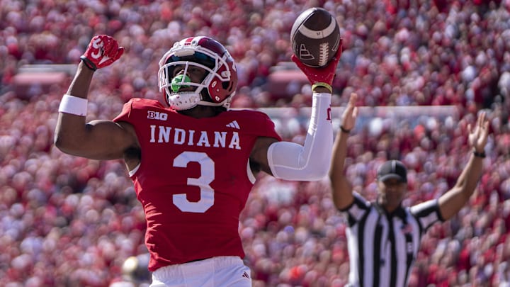 Indiana Hoosiers wide receiver Omar Cooper Jr. (3) celebrates scoring a touchdown during the second quarter against the Washington Huskies at Memorial Stadium.