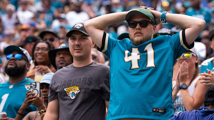 Jaguar fans show the support during the second quarter of an NFL football game between the Carolina Panthers at Jacksonville Jaguars at EverBank Stadium Sunday September 7, 2025. [Doug Engle/Florida Times-Union]