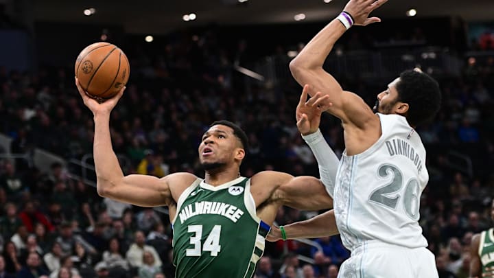 Giannis Antetokounmpo takes a shot against the Dallas Mavericks.