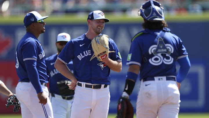 Mar 4, 2024; Dunedin, Florida, USA;  Toronto Blue Jays relief pitcher Wes Parsons (46) reacts after