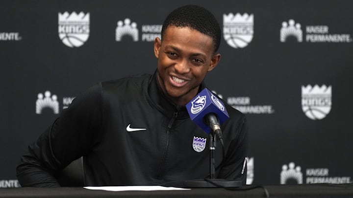 Sacramento Kings guard De'Aaron Fox talks to media members after defeating the Utah Jazz.