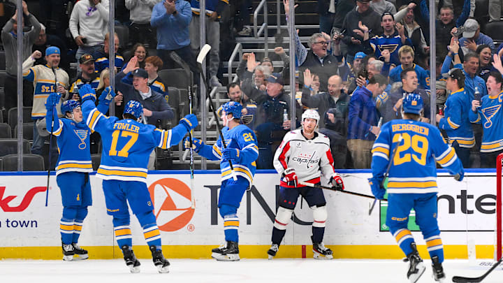 Mar 24, 2026; St. Louis, Missouri, USA; St. Louis Blues center Otto Stenberg (28) celebrates with right wing Dalibor Dvorsky (54) and defenseman Cam Fowler (17) after scoring against the Washington Capitals during the third period at Enterprise Center. Mandatory Credit: Jeff Curry-Imagn Images