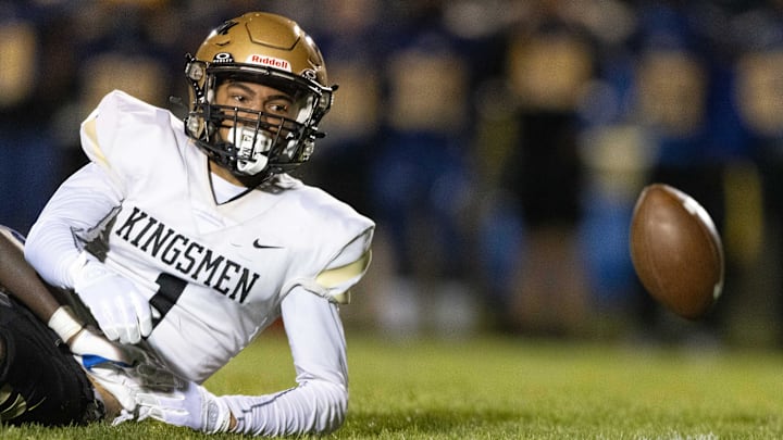 Penn's Tayshon Bardo watches his dropped catch during a high school football game against Riley at Jackson Field on Friday, Sept. 6, 2024, in South Bend.