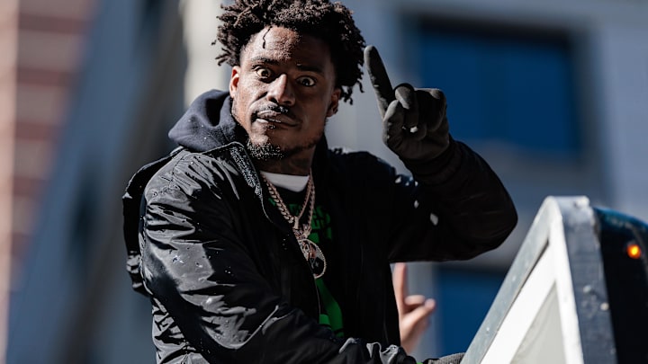 Feb 14, 2025; Philadelphia, PA, USA; Philadelphia Eagles safety C.J. Gardner-Johnson (8) celebrates during the Super Bowl LIX championship parade and rally. Feb 14, 2025; Philadelphia, PA, USA; Philadelphia Eagles safety C.J. Gardner-Johnson (8) celebrates during the Super Bowl LIX championship parade and rally.