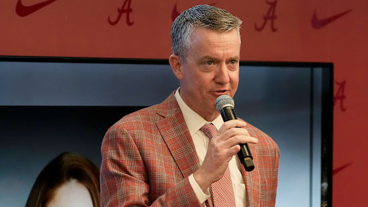 Feb 28, 2025; Birmingham, AL, USA; The University of Alabama celebrated the retirement of Dr. Ginger Gilmore from the athletic training staff Friday at Bryant-Denny Stadium. Athletics director Greg Byrne speaks during the reception.