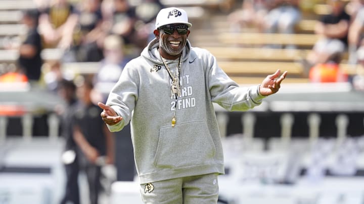 Sep 6, 2025; Boulder, Colorado, USA; Colorado Buffaloes head coach Deion Sanders before the game against the Delaware Fightin Blue Hens at Folsom Field. Mandatory Credit: Ron Chenoy-Imagn Images