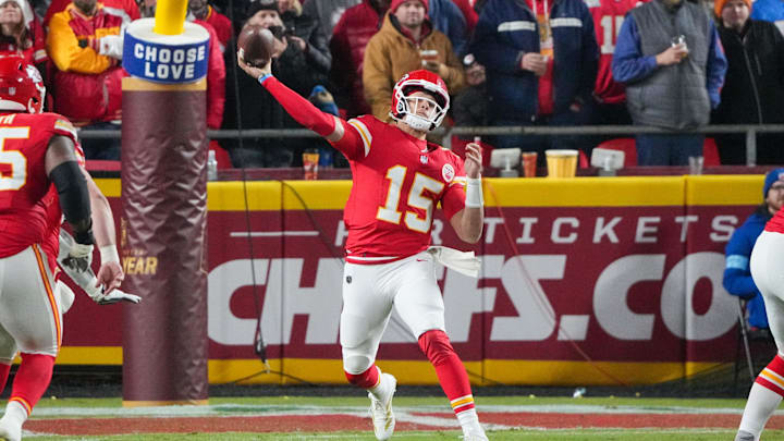 Dec 8, 2024; Kansas City, Missouri, USA;Kansas City Chiefs quarterback Patrick Mahomes (15) throws a pass against the Los Angeles Chargers during the first half at GEHA Field at Arrowhead Stadium. Mandatory Credit: Denny Medley-Imagn Images