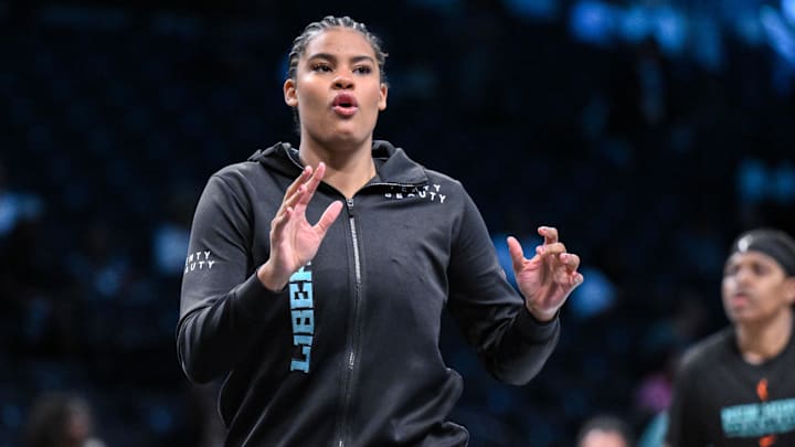Jun 19, 2025; Brooklyn, New York, USA; New York Liberty center Nyara Sabally (8) warms up before a game against the Phoenix Mercury during the first half at Barclays Center. Mandatory Credit: John Jones-Imagn Images