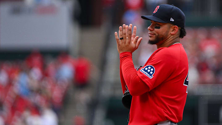 Apr 12, 2026; St. Louis, Missouri, USA; Boston Red Sox first baseman Willson Contreras (40) looks on during the sixth inning against the St. Louis Cardinals at Busch Stadium. Mandatory Credit: Jeff Curry-Imagn Images