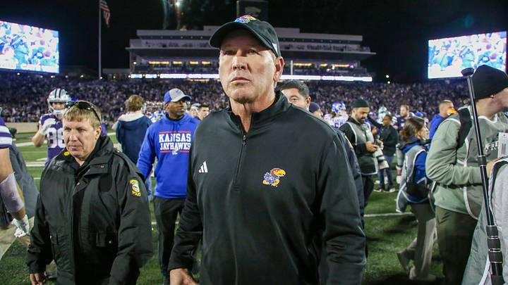 Oct 26, 2024; Manhattan, Kansas, USA; Kansas Jayhawks head coach Lance Leipold walks off the field following a loss to the Kansas State Wildcats at Bill Snyder Family Football Stadium. Mandatory Credit: Scott Sewell-Imagn Images Oct 26, 2024; Manhattan, Kansas, USA; Kansas Jayhawks head coach Lance Leipold walks off the field following a loss to the Kansas State Wildcats at Bill Snyder Family Football Stadium. Mandatory Credit: Scott Sewell-Imagn Images