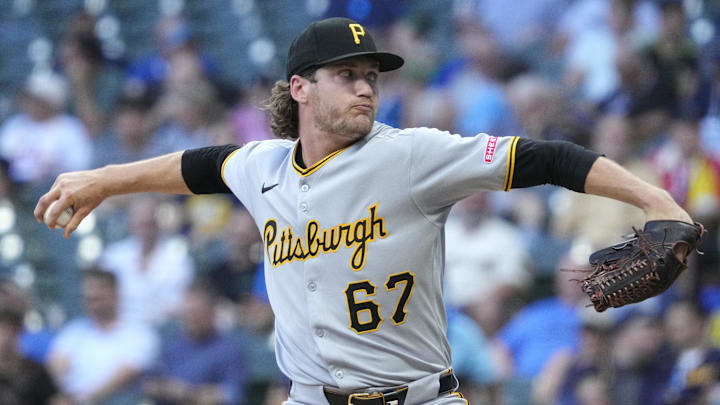 Jun 23, 2025; Milwaukee, Wisconsin, USA; Pittsburgh Pirates pitcher Braxton Ashcraft (67) delivers a pitch against the Milwaukee Brewers in the first inning at American Family Field. Mandatory Credit: Michael McLoone-Imagn Images