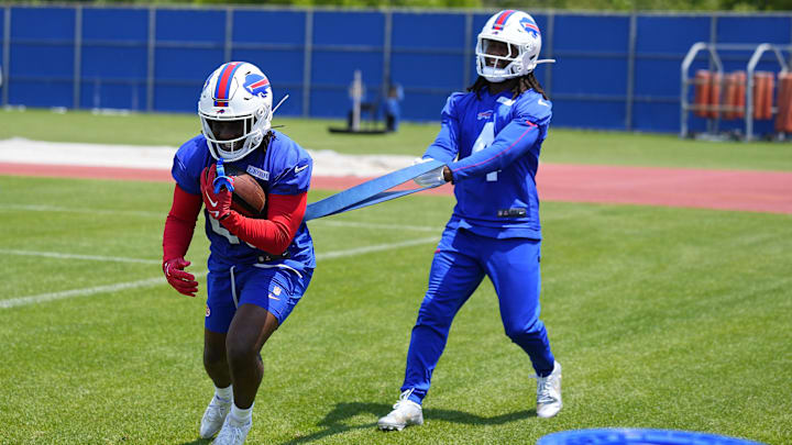 Buffalo Bills running back Frank Gore Jr. works out with running back James Cook during Minicamp at Highmark Stadium. Buffalo Bills running back Frank Gore Jr. works out with running back James Cook during Minicamp at Highmark Stadium.