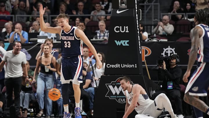 Gonzaga Bulldogs forward Ben Gregg (33) celebrates against the St. Mary's Gaels during the first half in the final of the West Coast Conference tournament at Orleans Arena