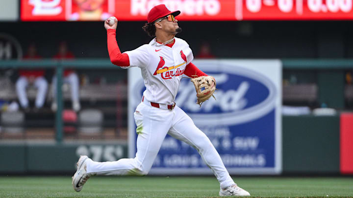 Apr 1, 2026; St. Louis, Missouri, USA; St. Louis Cardinals shortstop Masyn Winn (0) throws to first during the eighth inning against the New York Mets at Busch Stadium. Mandatory Credit: Jeff Curry-Imagn Images