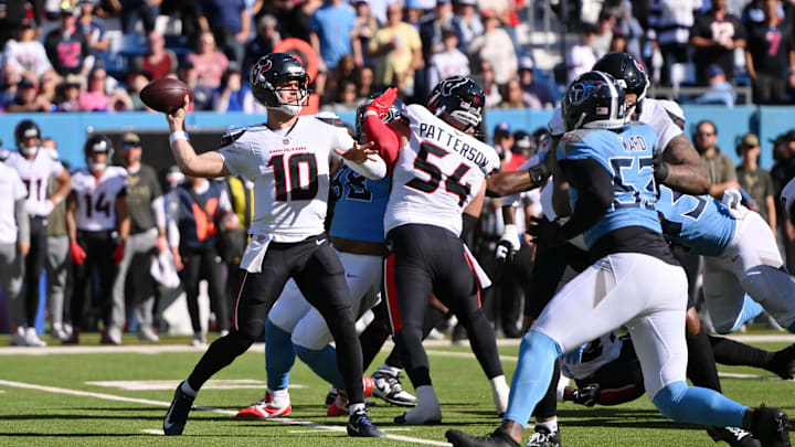 Nov 16, 2025; Nashville, Tennessee, USA; Houston Texans quarterback Davis Mills (10) passes the ball against the Tennessee Titans during the first quarter at Nissan Stadium. Mandatory Credit: Steve Roberts-Imagn Images