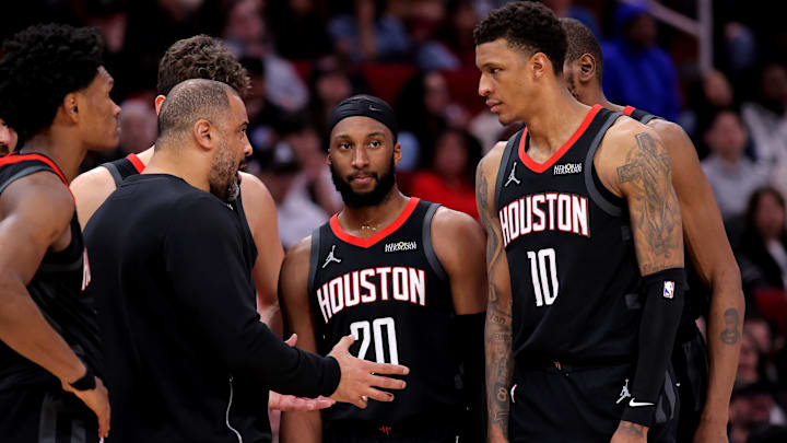 Jan 26, 2026; Houston, Texas, USA; Houston Rockets head coach Ime Udoka talks with players on the sideline against the Memphis Grizzlies during the fourth quarter at Toyota Center. Mandatory Credit: Erik Williams-Imagn Images