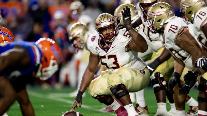 Florida State Seminoles offensive lineman Maurice Smith (53) gestures during the second half against the Florida Gators at Steve Spurrier Field at Ben Hill Griffin Stadium in Gainesville, FL on Saturday, November 25, 2023. [Matt Pendleton/Gainesville Sun]