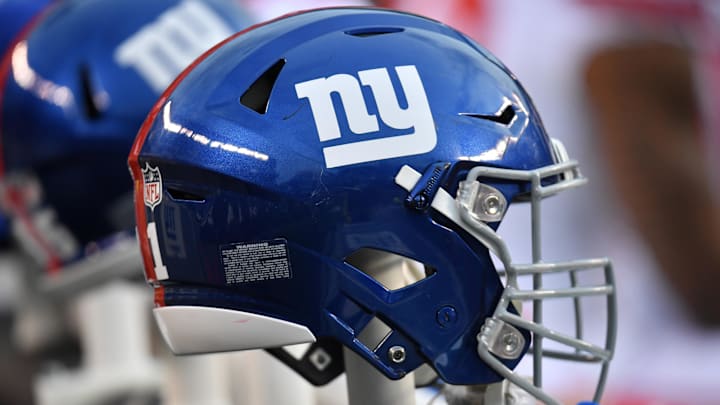 Jan 8, 2023; Philadelphia, Pennsylvania, USA; New York Giants helmet on the bench against the Philadelphia Eagles at Lincoln Financial Field. Mandatory Credit: Eric Hartline-Imagn Images