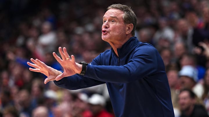 Jan 13, 2026; Lawrence, Kansas, USA; Kansas Jayhawks head coach Bill Self reacts during the first half against the Iowa State Cyclones at Allen Fieldhouse. Mandatory Credit: Jay Biggerstaff-Imagn Images