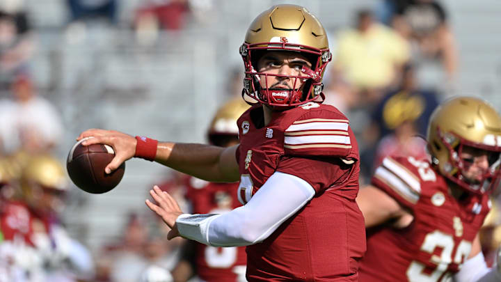 Sep 27, 2025; Chestnut Hill, Massachusetts, USA; Boston College Eagles quarterback Dylan Lonergan (9) warms up before a game against the California Golden Bears at Alumni Stadium. Mandatory Credit: Eric Canha-Imagn Images