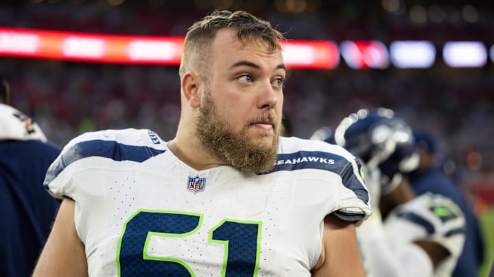 Dec 8, 2024; Glendale, Arizona, USA; Seattle Seahawks offensive tackle Jalen Sundell (61) against the Arizona Cardinals at State Farm Stadium. Dec 8, 2024; Glendale, Arizona, USA; Seattle Seahawks offensive tackle Jalen Sundell (61) against the Arizona Cardinals at State Farm Stadium.