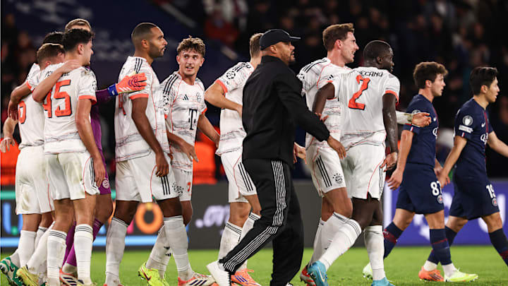 Bayern Munich players and Vincent Kompany celebrate at full-time against Paris Saint-Germain on Tuesday. Bayern Munich players and Vincent Kompany celebrate at full-time against Paris Saint-Germain on Tuesday.