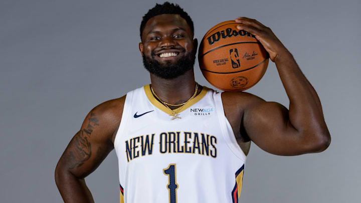 Sep 30, 2024; New Orleans, LA, USA; New Orleans Pelicans forward Zion Williamson (1) takes part in Pelicans Media Day. Sep 30, 2024; New Orleans, LA, USA; New Orleans Pelicans forward Zion Williamson (1) takes part in Pelicans Media Day.