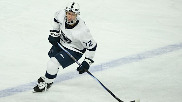 Penn State Nittany Lions forward Gavin McKenna (72) skates against the Clarkson Golden Knights in the first period of a game at Pegula Ice Arena. Penn State Nittany Lions forward Gavin McKenna (72) skates against the Clarkson Golden Knights in the first period of a game at Pegula Ice Arena.