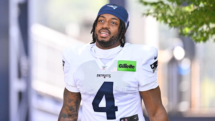Jul 28, 2025; Foxborough, MA, USA; New England Patriots running back Antonio Gibson (4) heads to the practice fields for training camp at Gillette Stadium. Mandatory Credit: Eric Canha-Imagn Images Jul 28, 2025; Foxborough, MA, USA; New England Patriots running back Antonio Gibson (4) heads to the practice fields for training camp at Gillette Stadium. Mandatory Credit: Eric Canha-Imagn Images