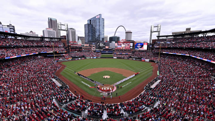 Apr 4, 2024; St. Louis, Missouri, USA; A general view during the national anthem before the St. Apr 4, 2024; St. Louis, Missouri, USA; A general view during the national anthem before the St.