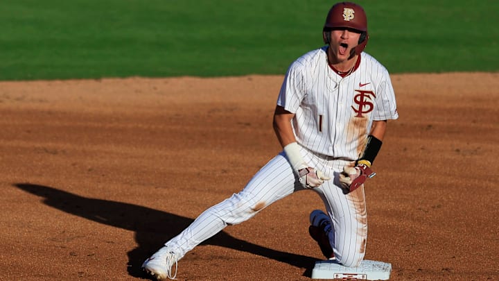 Florida St. infielder Alex Lodise (1) reacts to his double at second base during the first inning of an NCAA college baseball matchup Tuesday, March 25, 2025 at VyStar Ballpark in Jacksonville, Fla. FSU rallied to defeat UF 8-4 off a walk-off grand slam from Alex Lodise in the ninth inning. [Corey Perrine/Florida Times-Union]