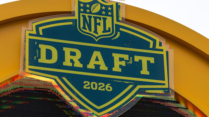 The 2026 NFL Draft logo is displayed atop the NFL Draft countdown clock. The 2026 NFL Draft logo is displayed atop the NFL Draft countdown clock.