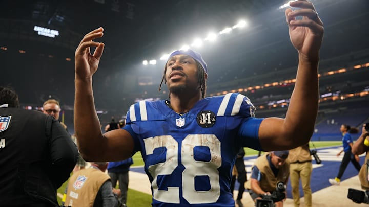 Oct 26, 2025; Indianapolis, Indiana, USA; Indianapolis Colts running back Jonathan Taylor (28) celebrates after the game against the Tennessee Titans at Lucas Oil Stadium. Mandatory Credit: Robert Goddin-Imagn Images