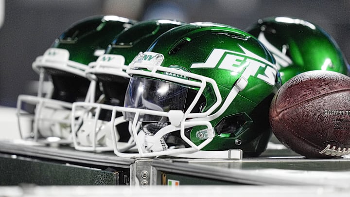 Aug 17, 2024; Charlotte, North Carolina, USA; New York Jets helmets during the second half against the Carolina Panthers at Bank of America Stadium. Mandatory Credit: Jim Dedmon-Imagn Images