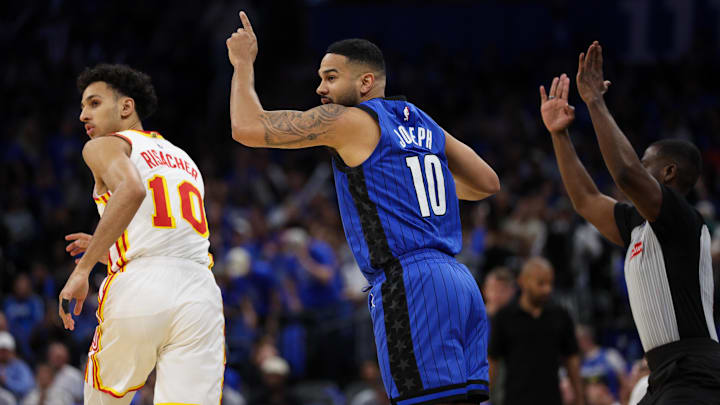 Orlando Magic guard Cory Joseph (10) celebrates after making a three-point shot against the Atlanta Hawks in the third quarter at Kia Center.