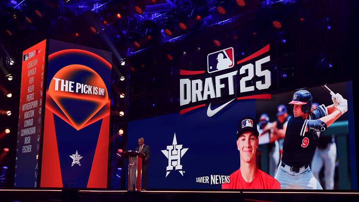 Jul 13, 2025; Atlanta, GA, USA; Xavier Neyens is drafted by the Houston Astros with the 21st pick during the first round of the MLB Draft at The Coca-Cola Roxy. Mandatory Credit: Brett Davis-Imagn Images