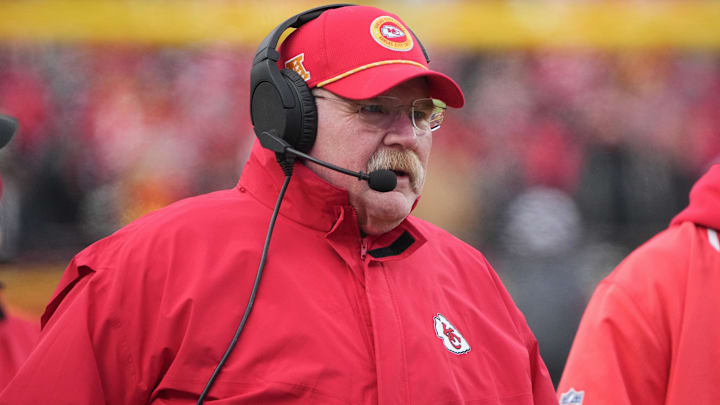 Jan 18, 2025; Kansas City, Missouri, USA; Kansas City Chiefs head coach Andy Reid on the sidelines against the Houston Texans during the first half of a 2025 AFC divisional round game at GEHA Field at Arrowhead Stadium. Mandatory Credit: Denny Medley-Imagn Images