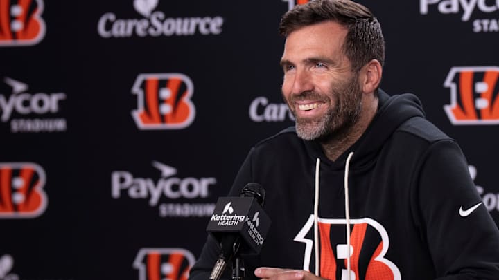 Bengals quarterback Joe Flacco smiles during a press conference at Paycor Stadium in Cincinnati on Oct. 14, 2025.