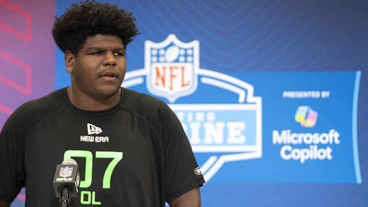 Mar 1, 2025; Indianapolis, IN, USA; University of Oregon offensive lineman Josh Conerly (OL07) answers questions at a press conference during the 2025 NFL Combine at Indiana Convention Center. 