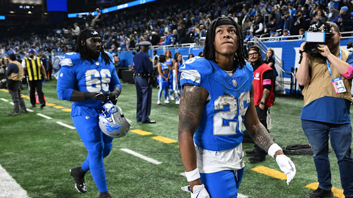Jan 18, 2025; Detroit, Michigan, USA; Detroit Lions running back Jahmyr Gibbs (26) walks off the field after the loss to Washington Commanders in a 2025 NFC divisional round game at Ford Field. Mandatory Credit: Lon Horwedel-Imagn Images