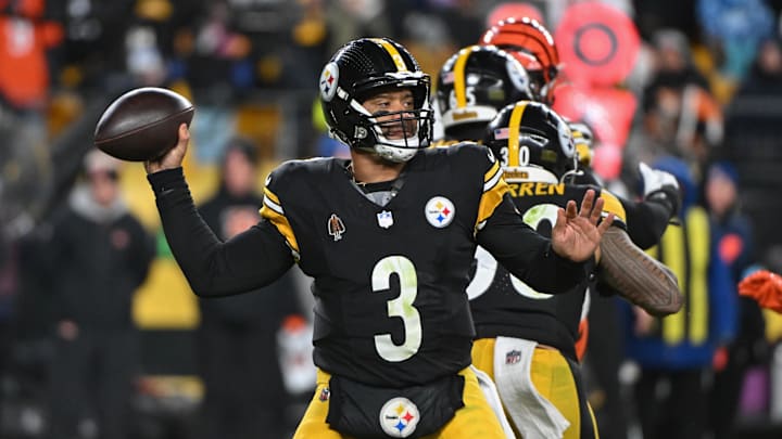 Jan 4, 2025; Pittsburgh, Pennsylvania, USA; Pittsburgh Steelers quarterback Russell Wilson (3) throws a pass against the Cincinnati Bengals during the second quarter at Acrisure Stadium. Mandatory Credit: Barry Reeger-Imagn Images