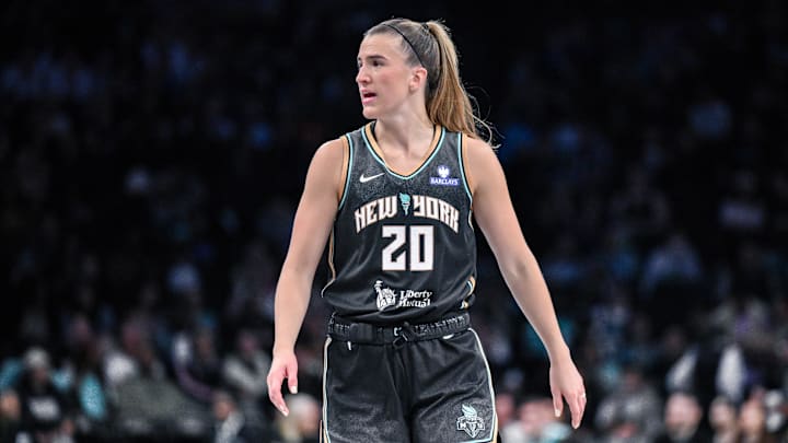 May 29, 2025; Brooklyn, New York, USA; New York Liberty guard Sabrina Ionescu (20) during the first half against the Golden State Valkyries at Barclays Center. Mandatory Credit: John Jones-Imagn Images May 29, 2025; Brooklyn, New York, USA; New York Liberty guard Sabrina Ionescu (20) during the first half against the Golden State Valkyries at Barclays Center. Mandatory Credit: John Jones-Imagn Images
