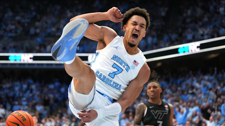 Feb 28, 2026; Chapel Hill, North Carolina, USA; North Carolina Tar Heels guard Seth Trimble (7) reacts after scoring in the second half at Dean E. Smith Center. Mandatory Credit: Bob Donnan-Imagn Images Feb 28, 2026; Chapel Hill, North Carolina, USA; North Carolina Tar Heels guard Seth Trimble (7) reacts after scoring in the second half at Dean E. Smith Center. Mandatory Credit: Bob Donnan-Imagn Images