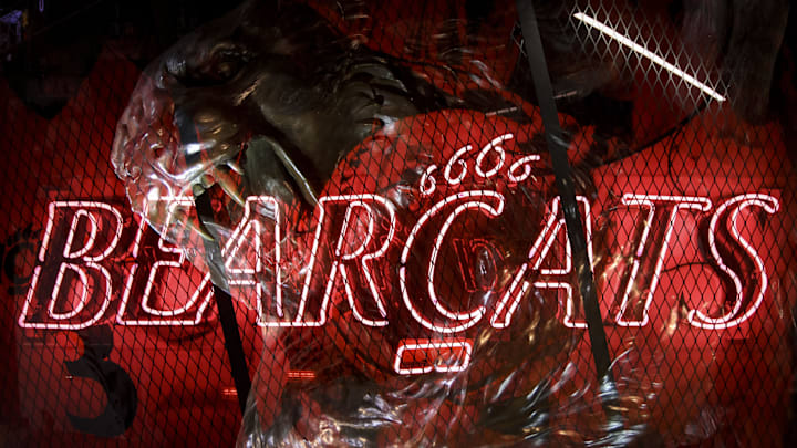 Jan 12, 2022; Cincinnati, Ohio, USA;  (editors note: multiple exposure in camera used for this photo) The bearcat statue outside the arena is seen prior to the game between the East Carolina Pirates and the Cincinnati Bearcats at Fifth Third Arena. Mandatory Credit: Aaron Doster-Imagn Images