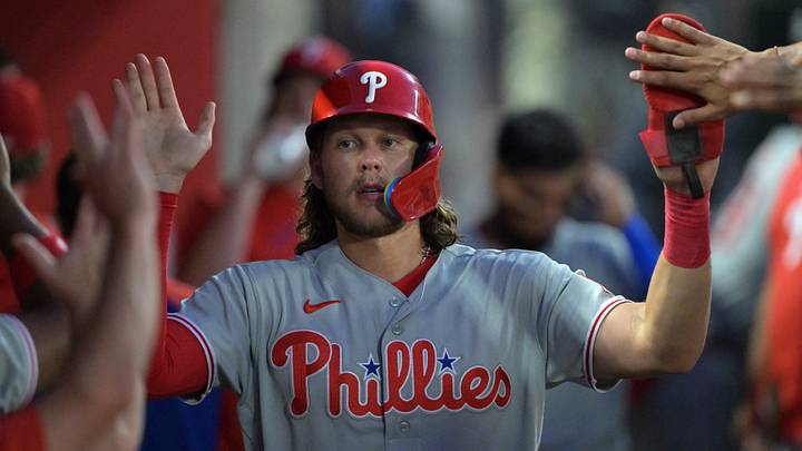 Aug 29, 2026; Anaheim, California, USA; Philadelphia Phillies third baseman Alec Bohm (28) is greeted in the dugout after scoring on a single by left fielder Brandon Marsh (16) during the second inning against the Los Angeles Angels at Angel Stadium. Mandatory Credit: Jayne Kamin-Oncea-Imagn Images Aug 29, 2026; Anaheim, California, USA; Philadelphia Phillies third baseman Alec Bohm (28) is greeted in the dugout after scoring on a single by left fielder Brandon Marsh (16) during the second inning against the Los Angeles Angels at Angel Stadium. Mandatory Credit: Jayne Kamin-Oncea-Imagn Images
