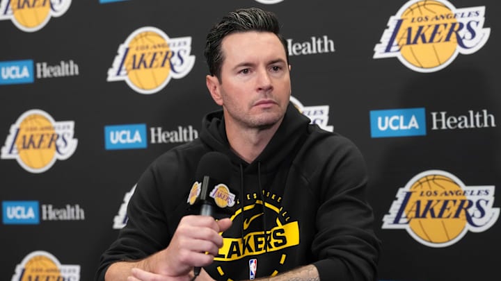 Mar 3, 2026; Los Angeles, California, USA; Los Angeles Lakers head coach JJ Redick at a press conference at the Crypto.com Arena. Mandatory Credit: Kirby Lee-Imagn Images Mar 3, 2026; Los Angeles, California, USA; Los Angeles Lakers head coach JJ Redick at a press conference at the Crypto.com Arena. Mandatory Credit: Kirby Lee-Imagn Images