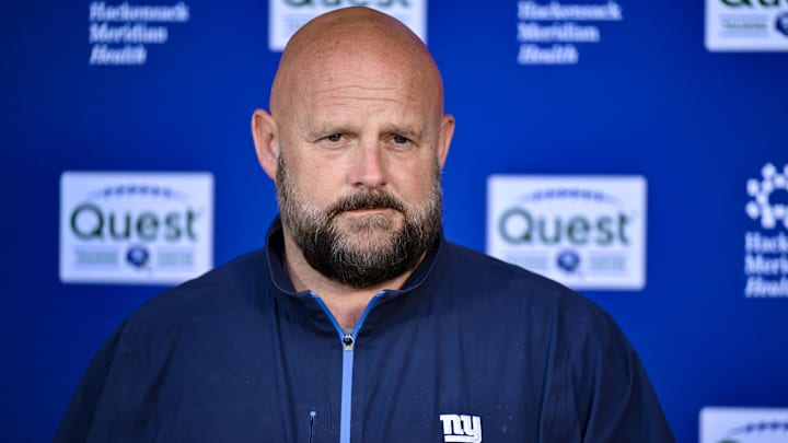 May 10, 2025; East Rutherford, NJ, USA; New York Giants head coach Brian Daboll speaks during a press conference before rookie minicamp at Quest Diagnostics Training Center. Mandatory Credit: John Jones-Imagn Images