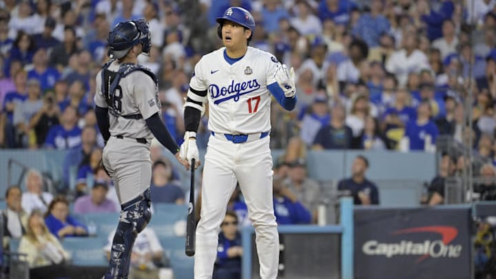 Oct 26, 2024; Los Angeles, California, USA; Los Angeles Dodgers designated hitter Shohei Ohtani (17) reacts to a foul ball in the third inning against the New York Yankees during game two of the 2024 MLB World Series at Dodger Stadium. Mandatory Credit: Jayne Kamin-Oncea-Imagn Images